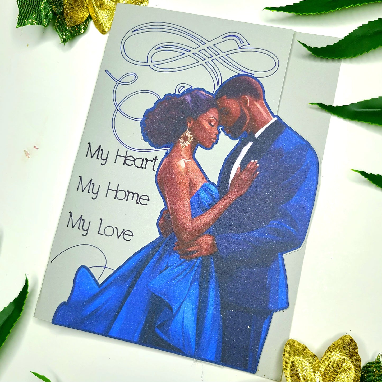 Romantic Blue African American Anniversary Greeting Card